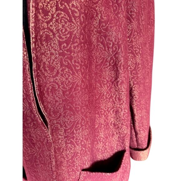 Chico's Jacquard Metallic Brocade Jacket Open Front Burgundy Gold Lurex Size 3 - Picture 3 of 7